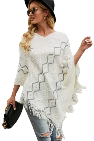 Pearl Trim V-Neck Fringe Hem Poncho