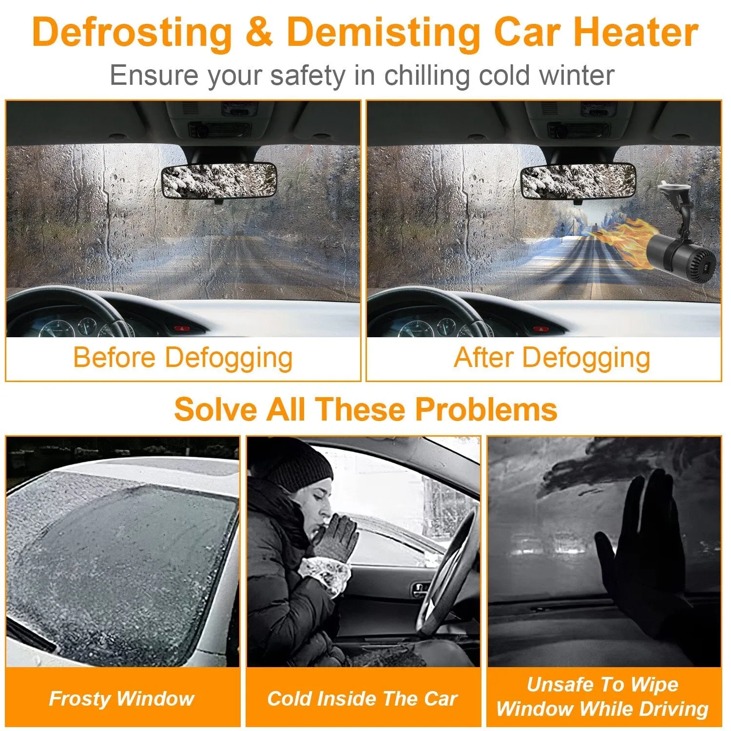 150W Portable Car Heater 2-in-1 Heating Cooling Fan Rotatable Demister Defroster