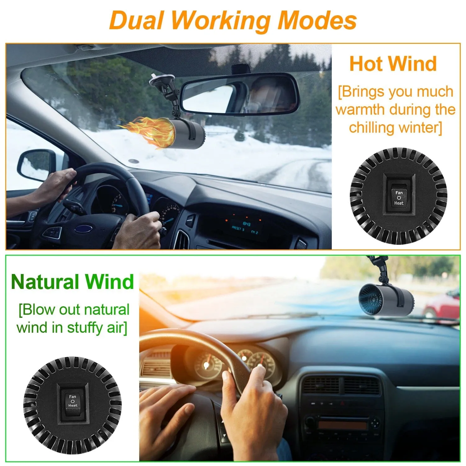 150W Portable Car Heater 2-in-1 Heating Cooling Fan Rotatable Demister Defroster