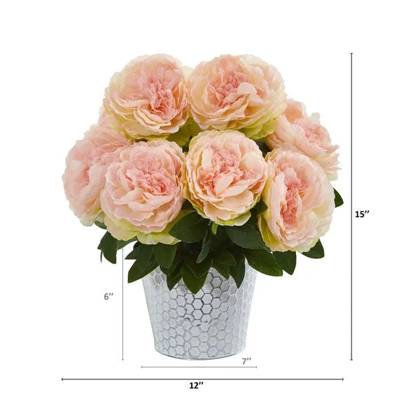 15" Peony Artificial Arrangement in Embossed White Vase