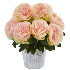 15" Peony Artificial Arrangement in Embossed White Vase