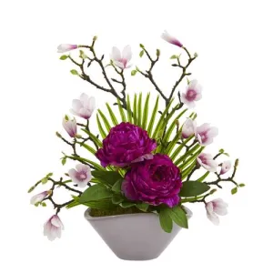 19" Peony, Magnolia and Palm Artificial Arrangement in Vase