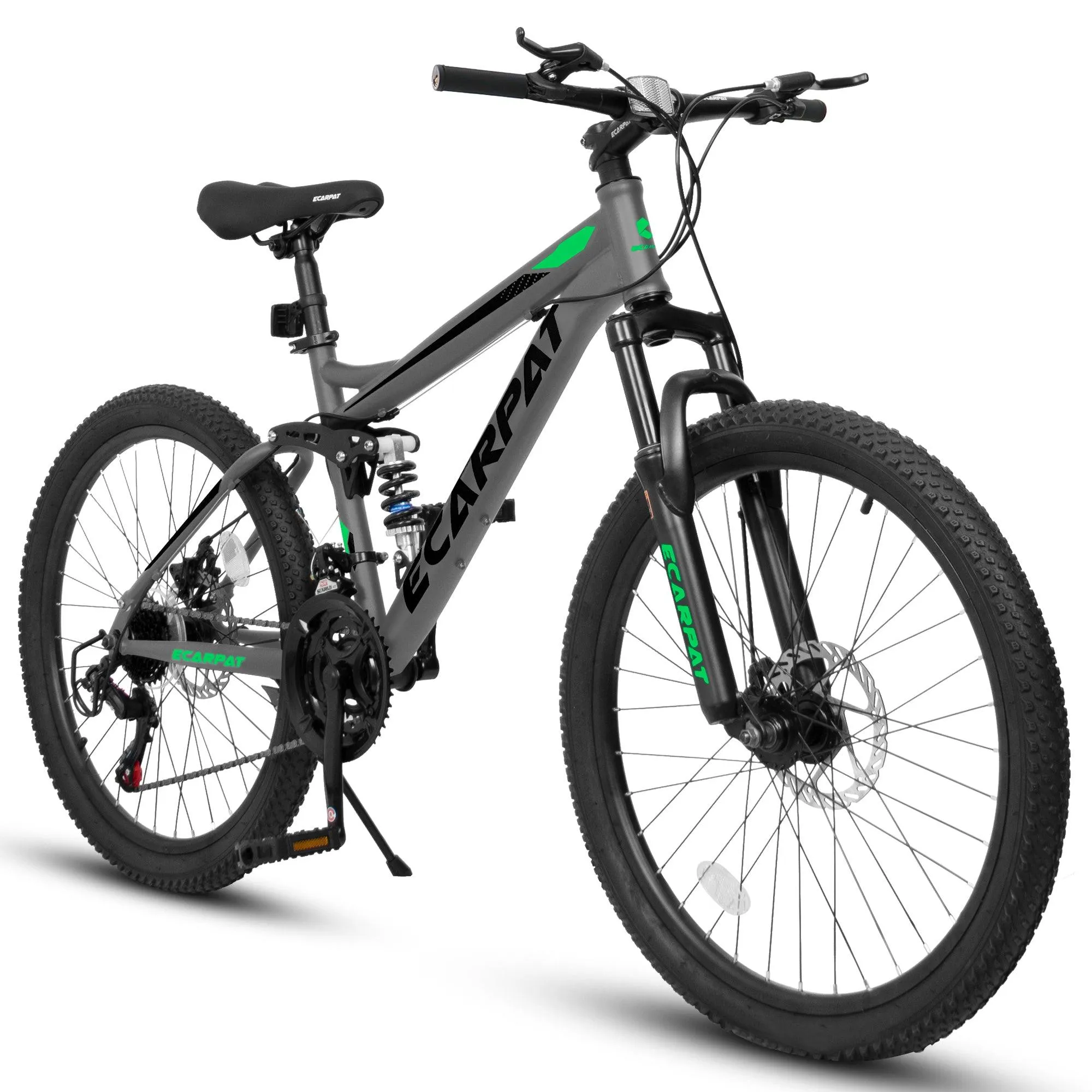 A2660 Ecarpat Mountain Bike 26 Inch Wheels, 21-Speed Full Suspension Mens Womens Trail Commuter City Mountain Bike, Carbon Steel Frame Disc Brakes Thumb Shifter Front Fork Rear Shock Absorber Bicycles