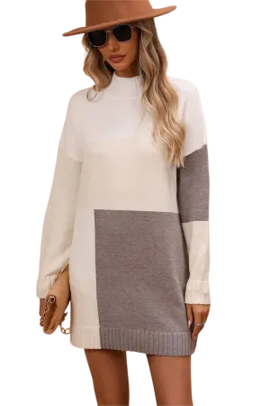 Color Block Mock Neck Dropped Shoulder Sweater Dress