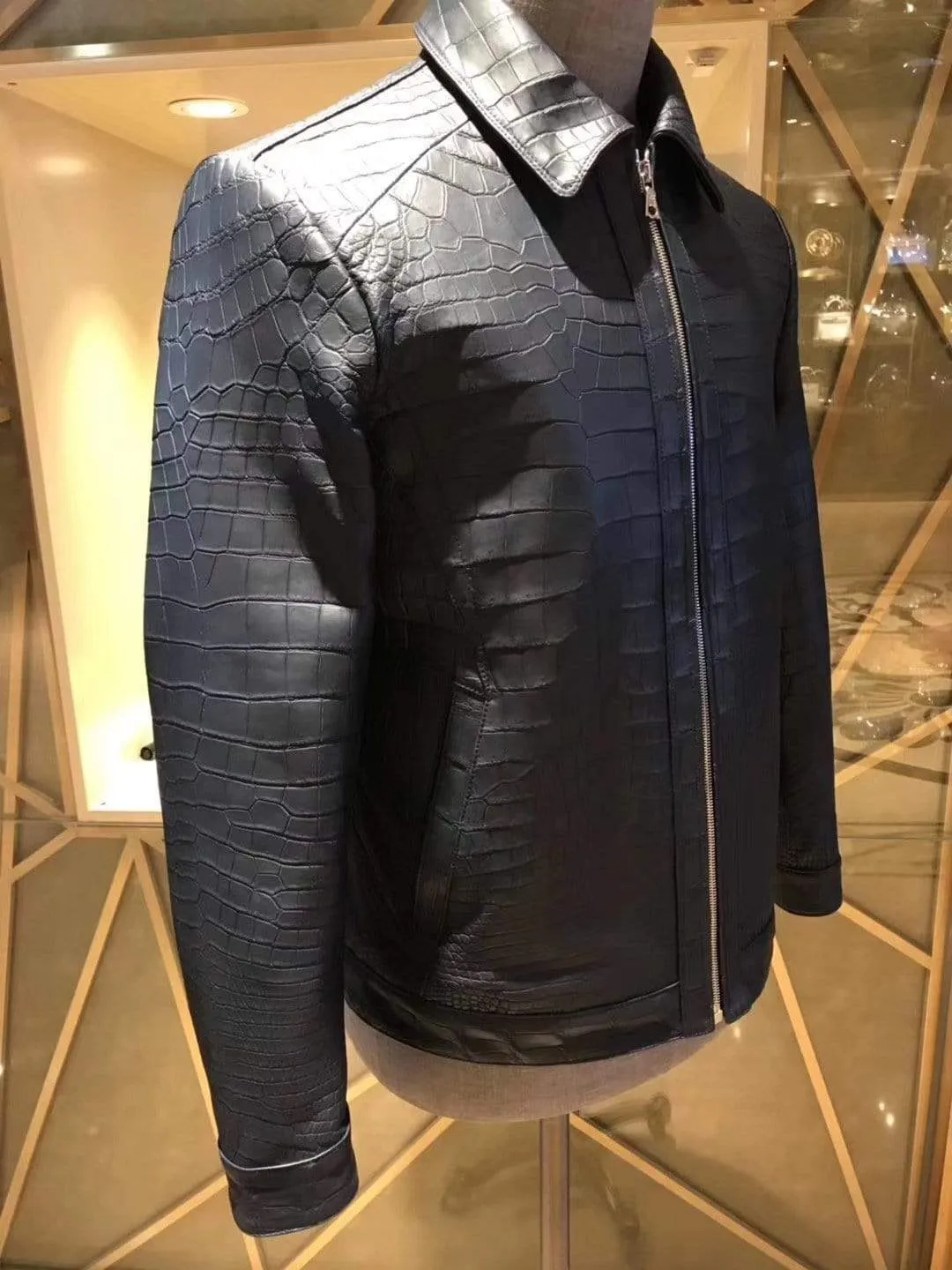 Crocodile Leather Jacket Men Black Jacket