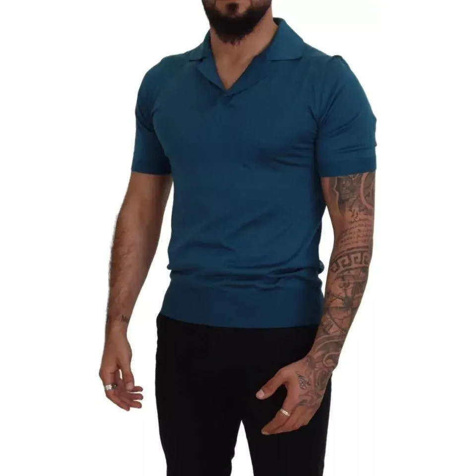 Dolce & Gabbana Blue Collared Short Sleeves Silk T-shirt