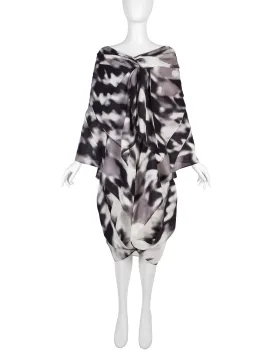 Issey Miyake Vintage Black Grey & White Blurred Abstract Print Duster