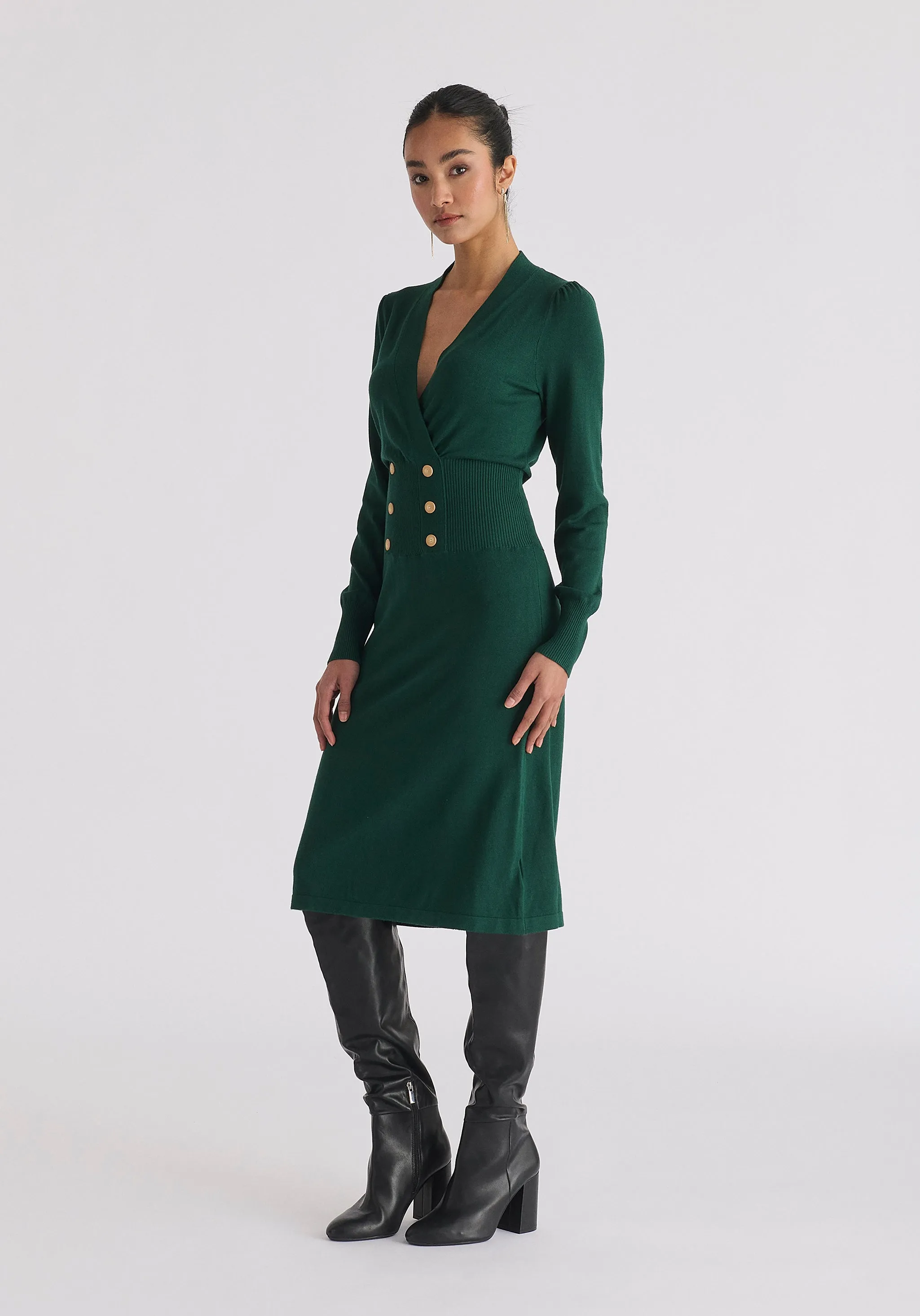 Long Sleeve Knitted Button Wrap Dress