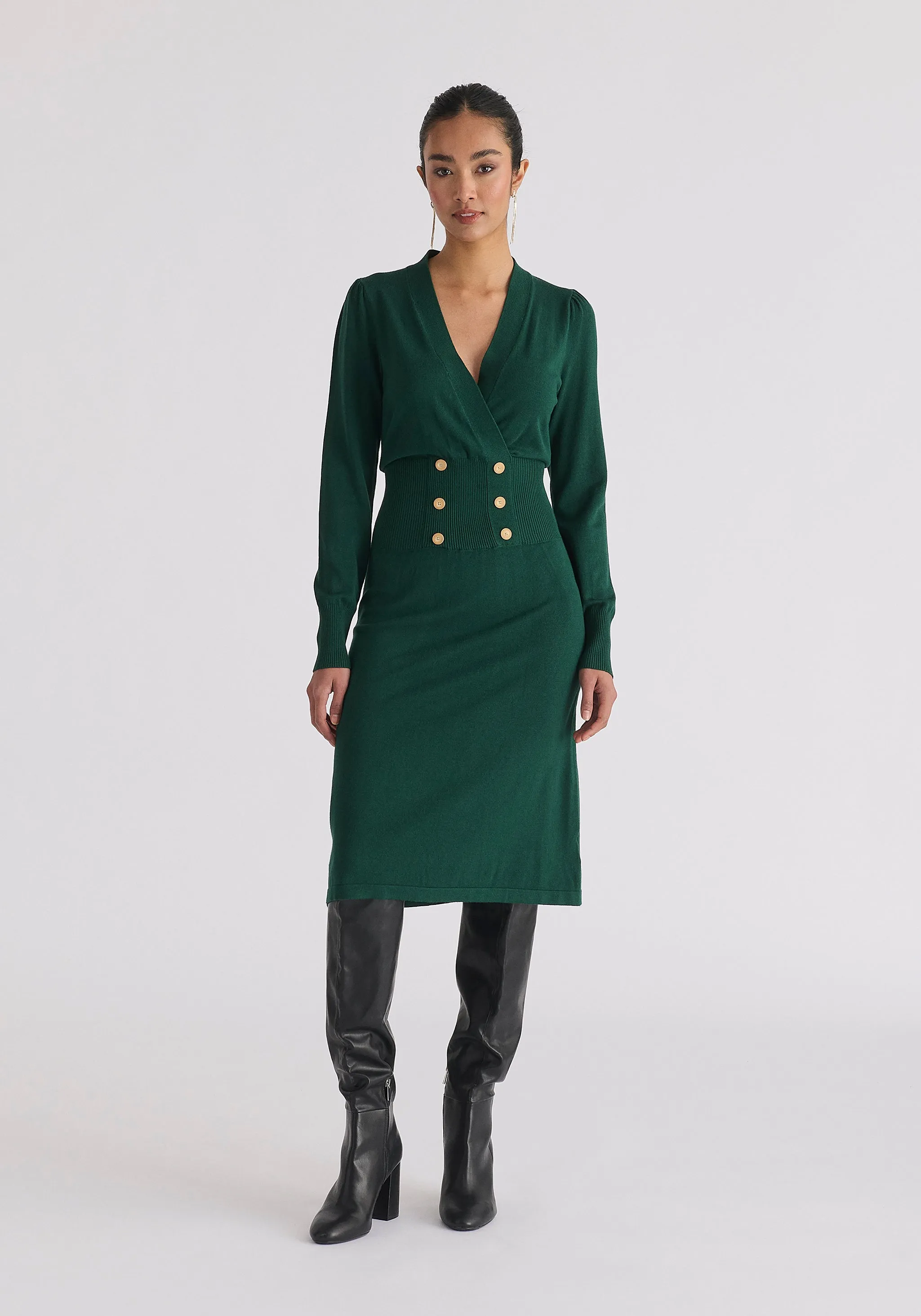 Long Sleeve Knitted Button Wrap Dress