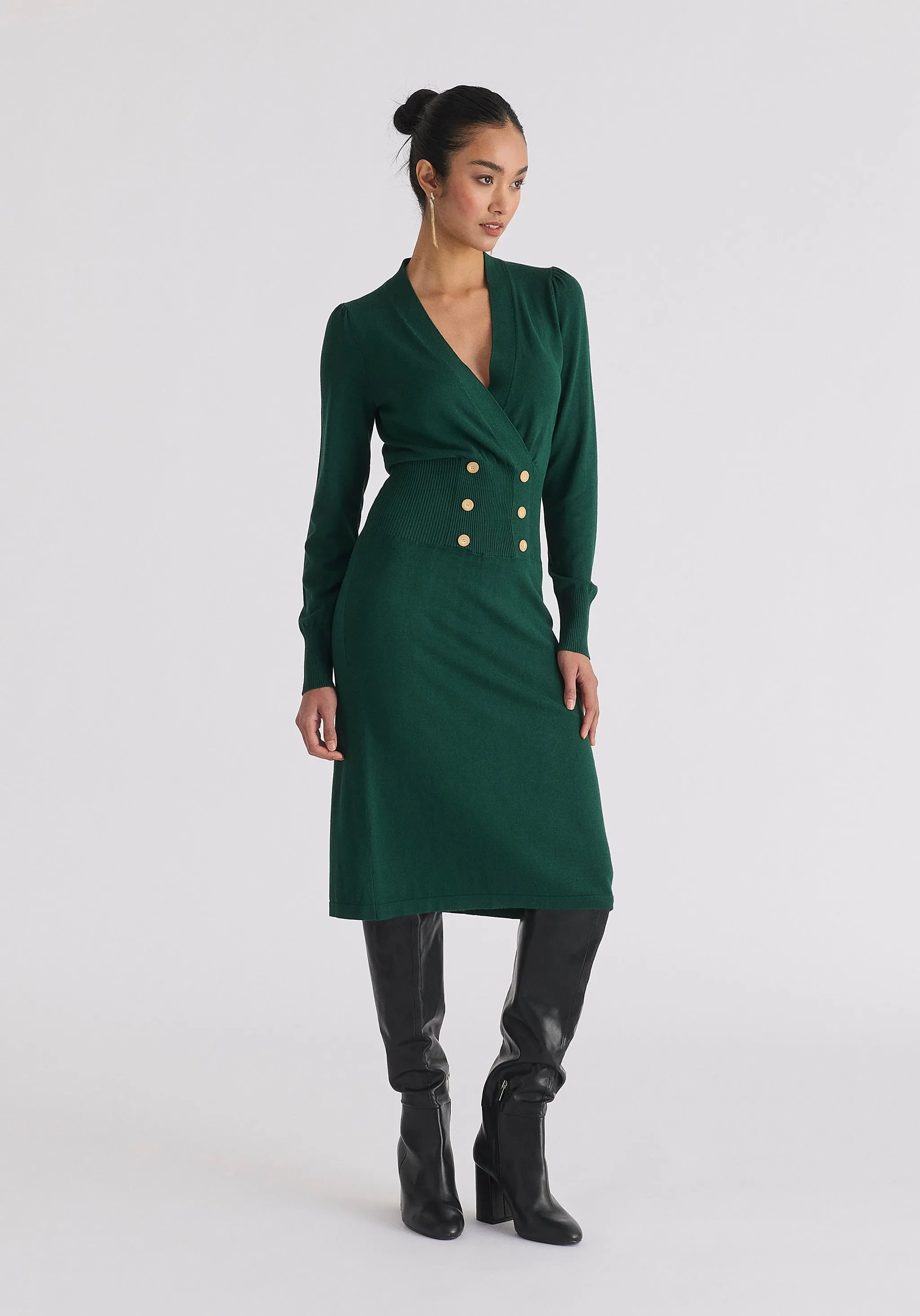 Long Sleeve Knitted Button Wrap Dress