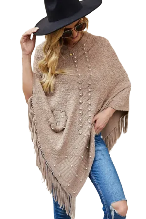 Pearl Trim Fringe Hem Poncho