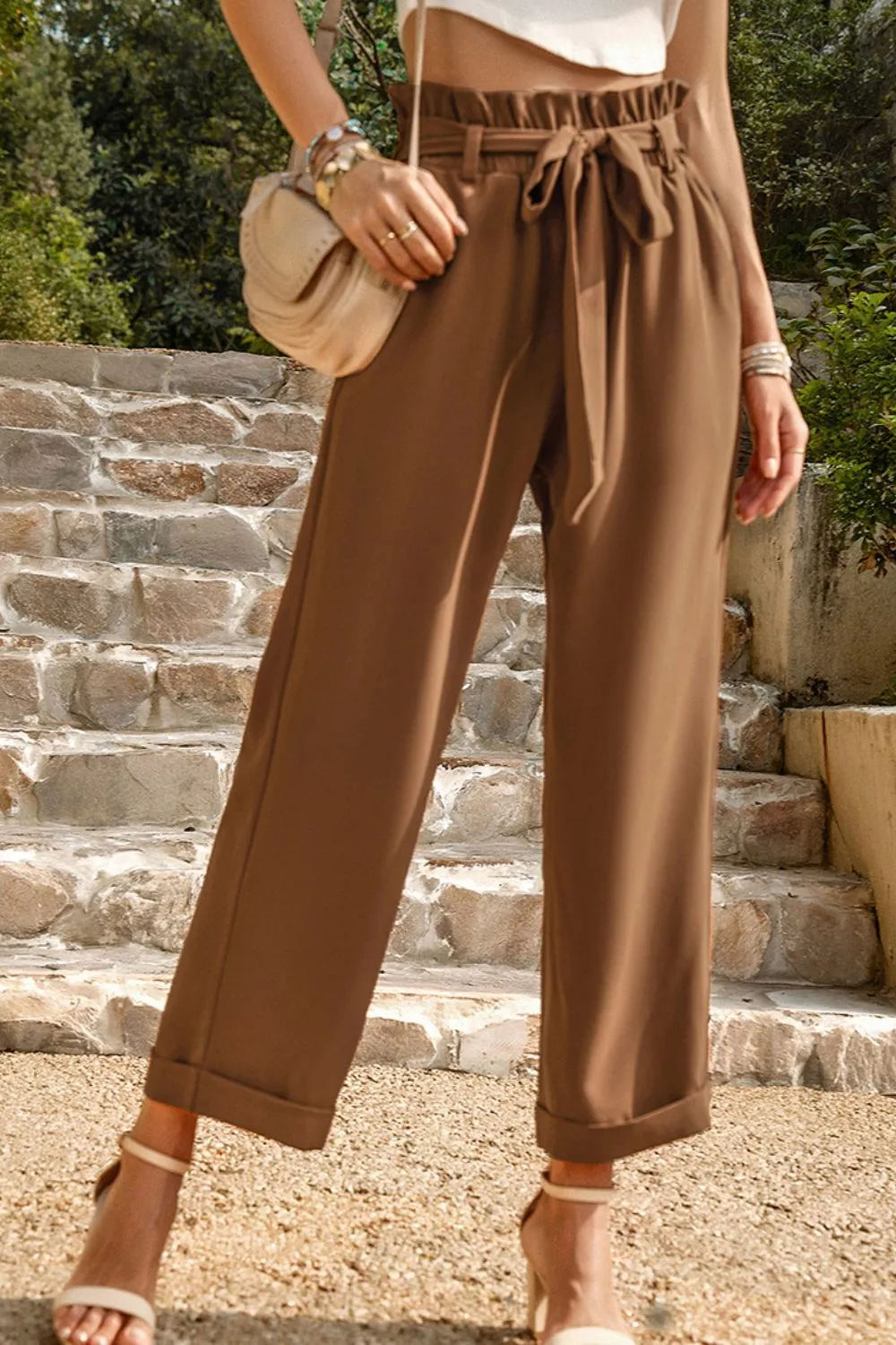 Tie Belt Paperbag Waist Straight Leg Pants