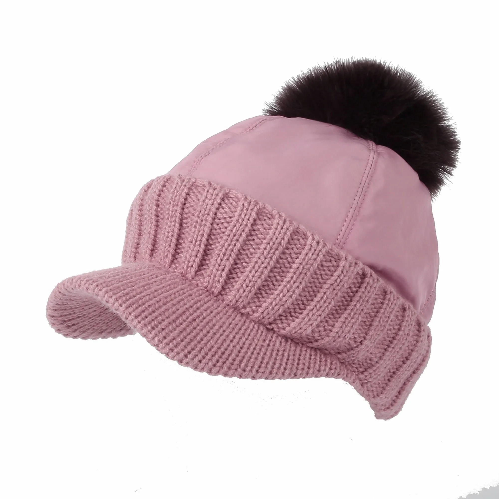 Winter Fleece Knit Visor Pom Beanie Hat Baseball Cap DWR1133